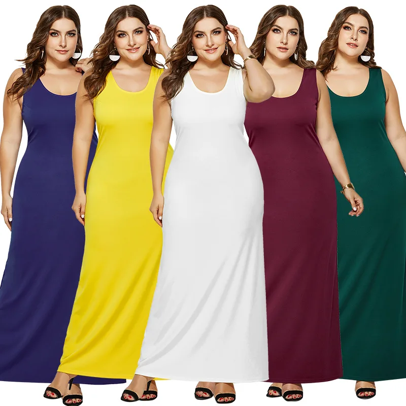 

Plus Size Women Sexy Robe Sleeveless Maxi Dress Thin Tank Long Dress Solid Color Summer Elegant Women Dress Stretch Vestidos