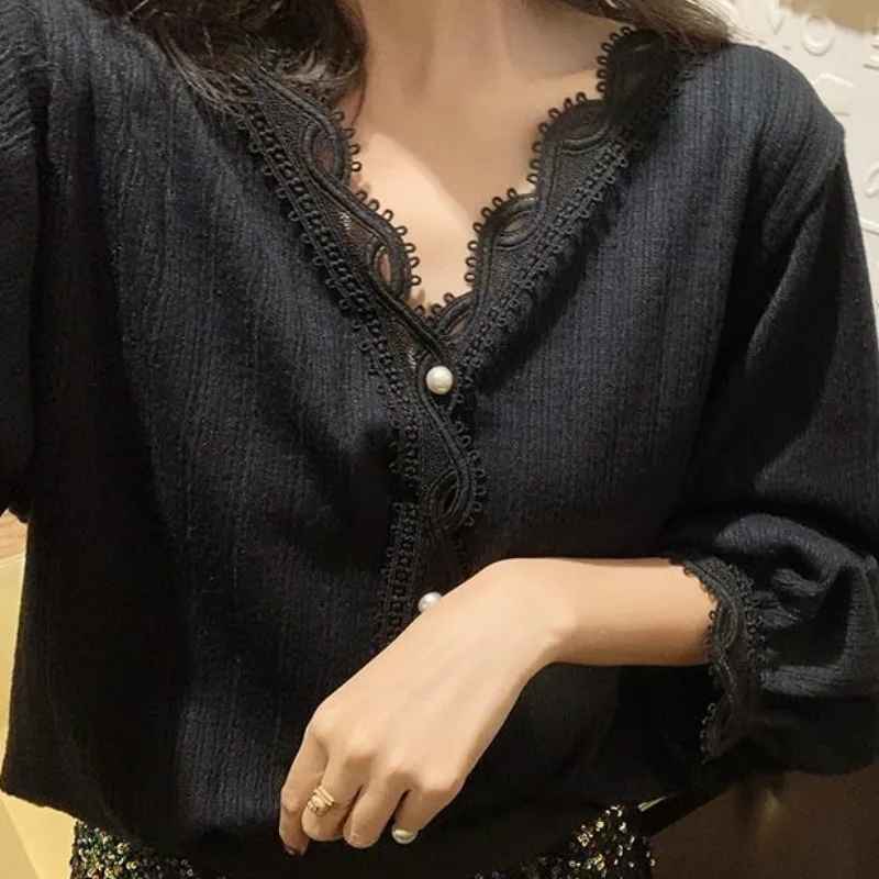 

Shirts Womens V-neck Spliced Solid Design Korean Style Elegant Sweet Ladies Chic Fashion Casual All-match Female Blouses Daily