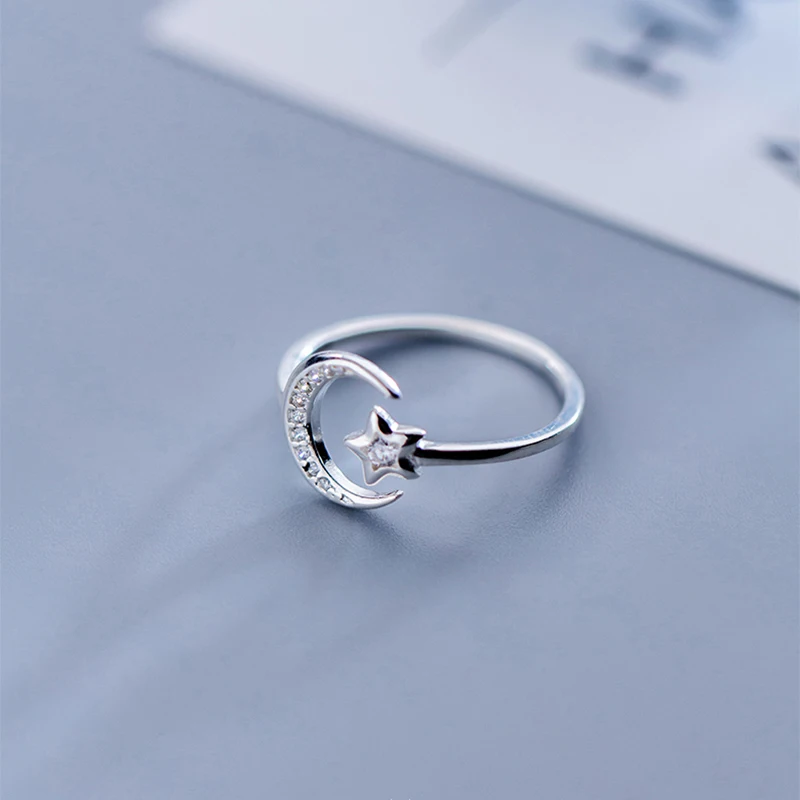 

Real 925 Sterling Silver Minimalist Zircon Moon Star Opening Ring For Charming Women Party Fine Jewelry Cute 2021