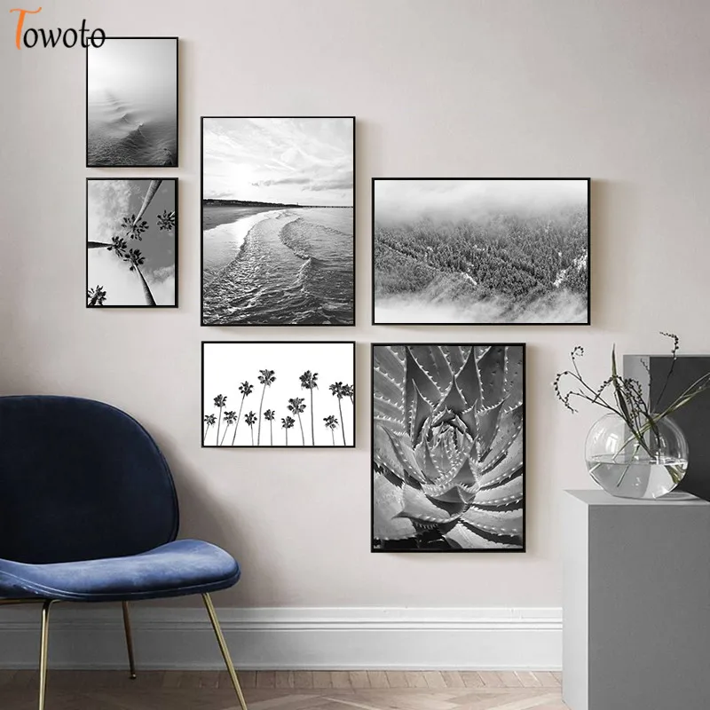 Черно-белый пейзаж с принтом листьев пальмы кактуса холст живопись лес море
