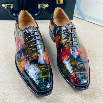 Authentic Crocodile Skin Square Toe Men's Party Dress Shoes Genuine Alligator Leather Hand Painted Male Colorful Lace-up Oxfords