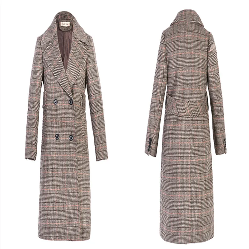 2019 весна осень Женское шерстяное клетчатое Пальто Новое Модное Длинное