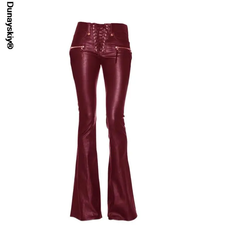 

Women PU Leather Punk Skinny Flare Pants Ladies Sexy Fashion Slim Fit Bandage Zipper Long Trousers Large Size