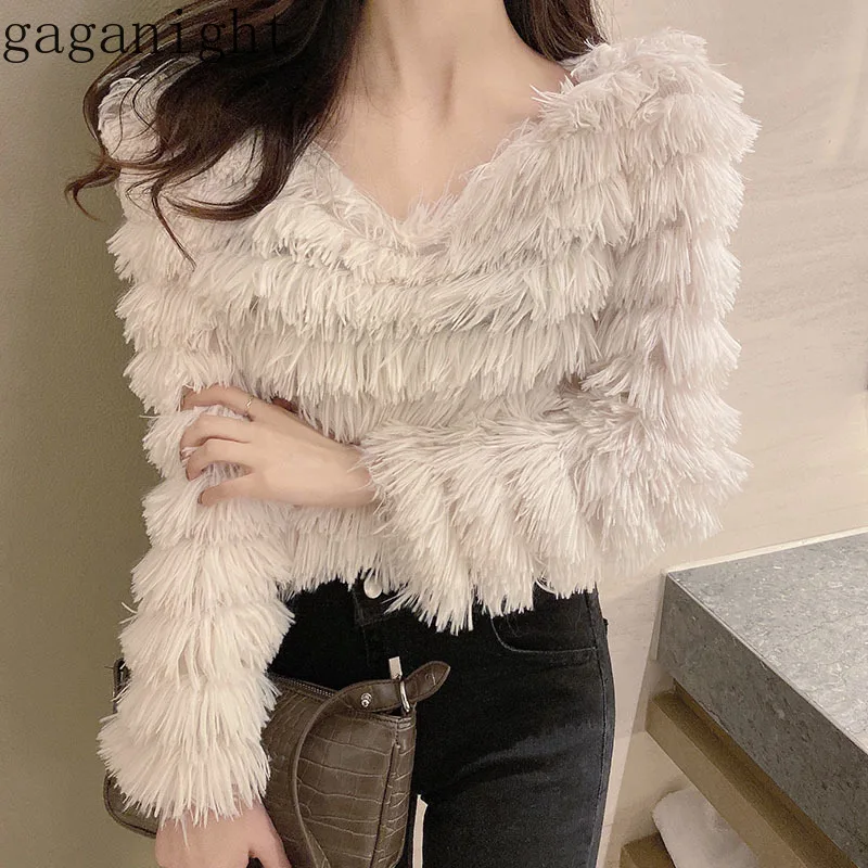 Gaganight модная женская футболка с кисточками длинным рукавом и v-образным вырезом