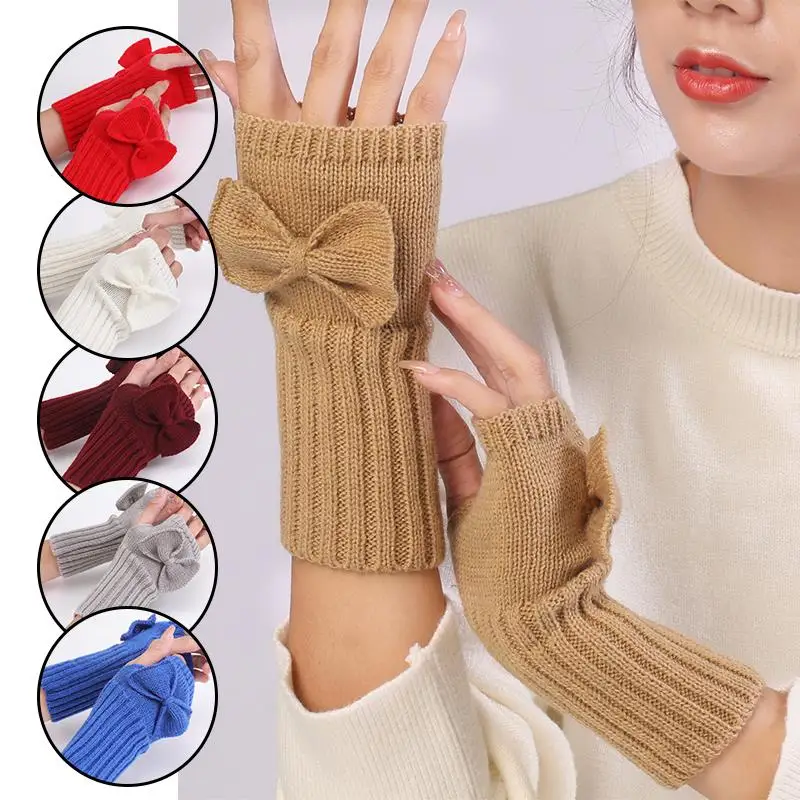 

Зимние теплые вязаные перчатки без пальцев с бантиком для женщин, Стрейчевые полуперчатки для рук, вязаные крючком перчатки
