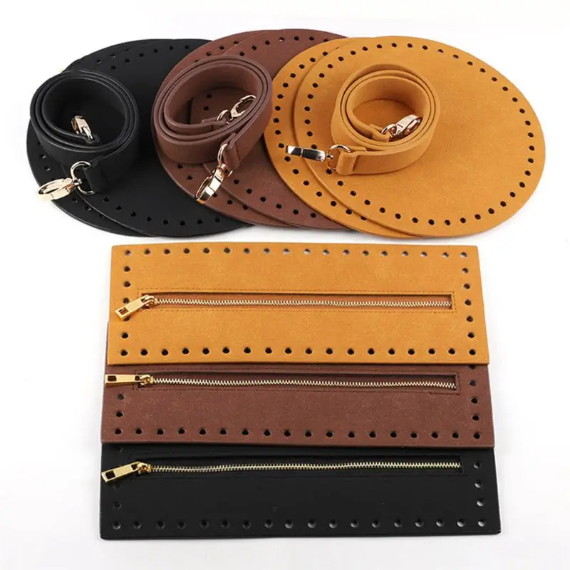 

50LD 4Pce/Set Bag Bottom Shaper Base Round Faux Leather Purse Inserts Strap Zipper for DIY Sewing Crochet Shoulder Handbag