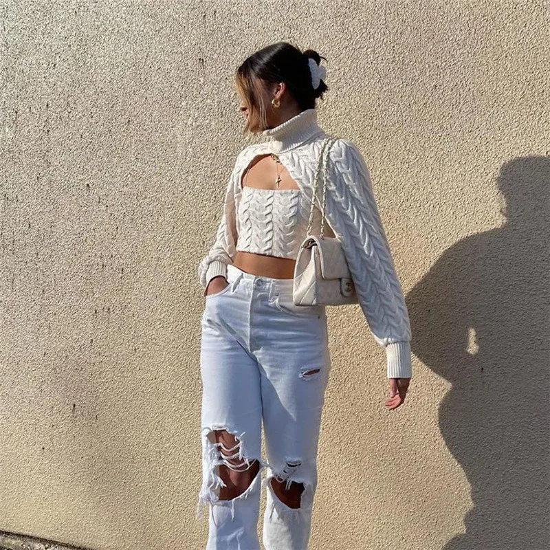 

New Autumn Long Sleeve Turtleneck Camisole Pullover Two Piece Sweater For Women Creamy White Slim Stretch Wild Basic Sweater