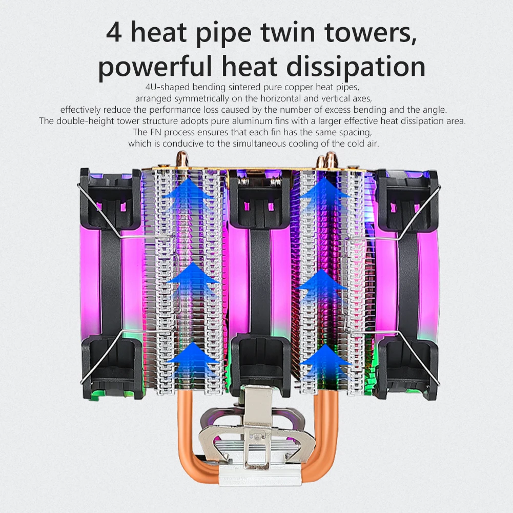 

CPU Cooler 3/4 Pin 4 Heatpipes Radiator RGB Colorful Light Heat Sink Desktop PC Case Cooling Fan Quiet Ventilador for AMD/Intel