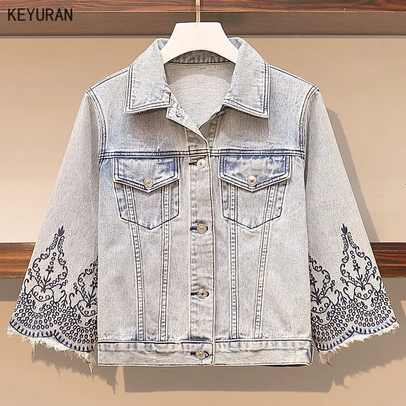 Женская джинсовая куртка с цветочной вышивкой повседневная шикарная свободная