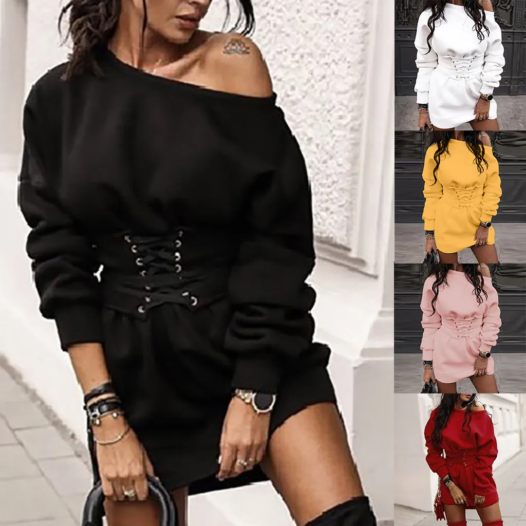 Женское плотное флисовое Платье с О-образным вырезом и длинным рукавом + пояс