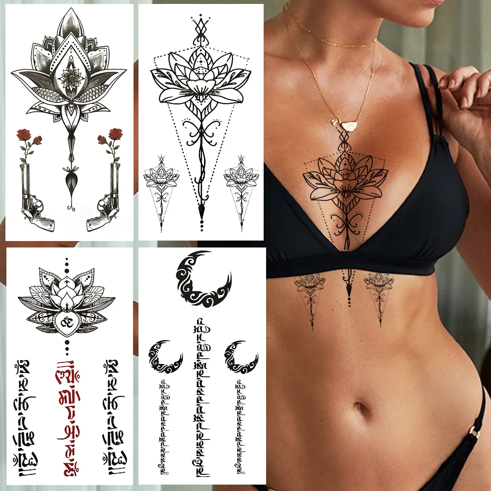 

Lotus Temporary Tattoo For Women Men Girls Gun Moon Tattoos Sticker Geometric Letter Black Henna Words Fake Tatoo Body Chest Leg