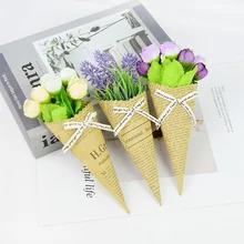 3pcs Small Silk Artificial Flower With Kraft Paper Wrapping Cones Holder Bouquet For Wedding Party Home Decor Fake Floral Gifts