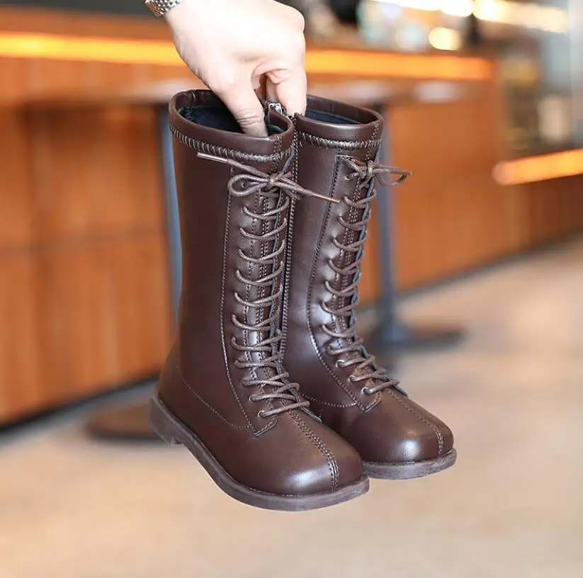 Винтажные повседневные ботинки черные бежевые на платформе детские для девочек