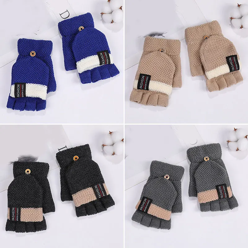 

Faux Wool Knitted Women's Fashion Gloves Cold Proof Half Finger Touch Screen Simple And Flip Warm Autumn And Winter Mittens