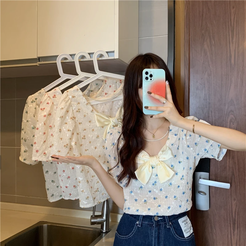 

New pearl chain bow knot front and back wear short-sleeved shrit
