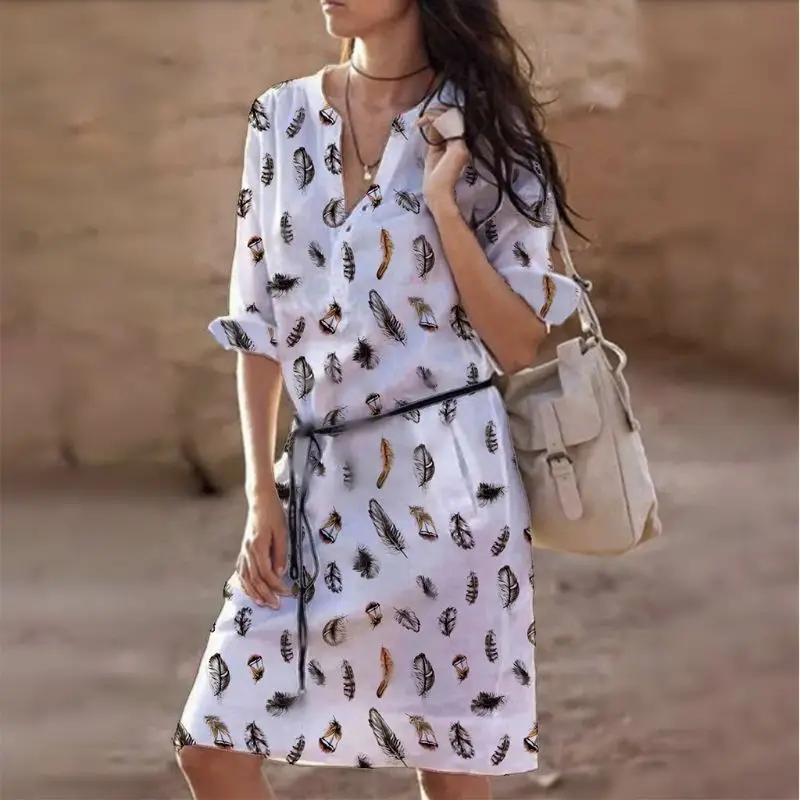 

Ladies Women Leopard Feather Print V-neck Long Sleeve Casual Mini Shirt Dress Plus Size BX0A