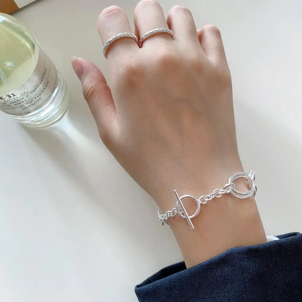 

S100%925 Sterling silver geometric bracelet Heavy industry double circle women's bracelet fashion luxury fine jewelry