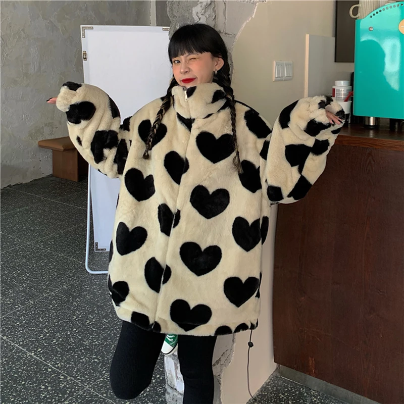 

Lambs Wool Thicken women Jacket new winter Love print loose Cute girl tops Oversize New Casual Streetwear Loose Outerwear Female