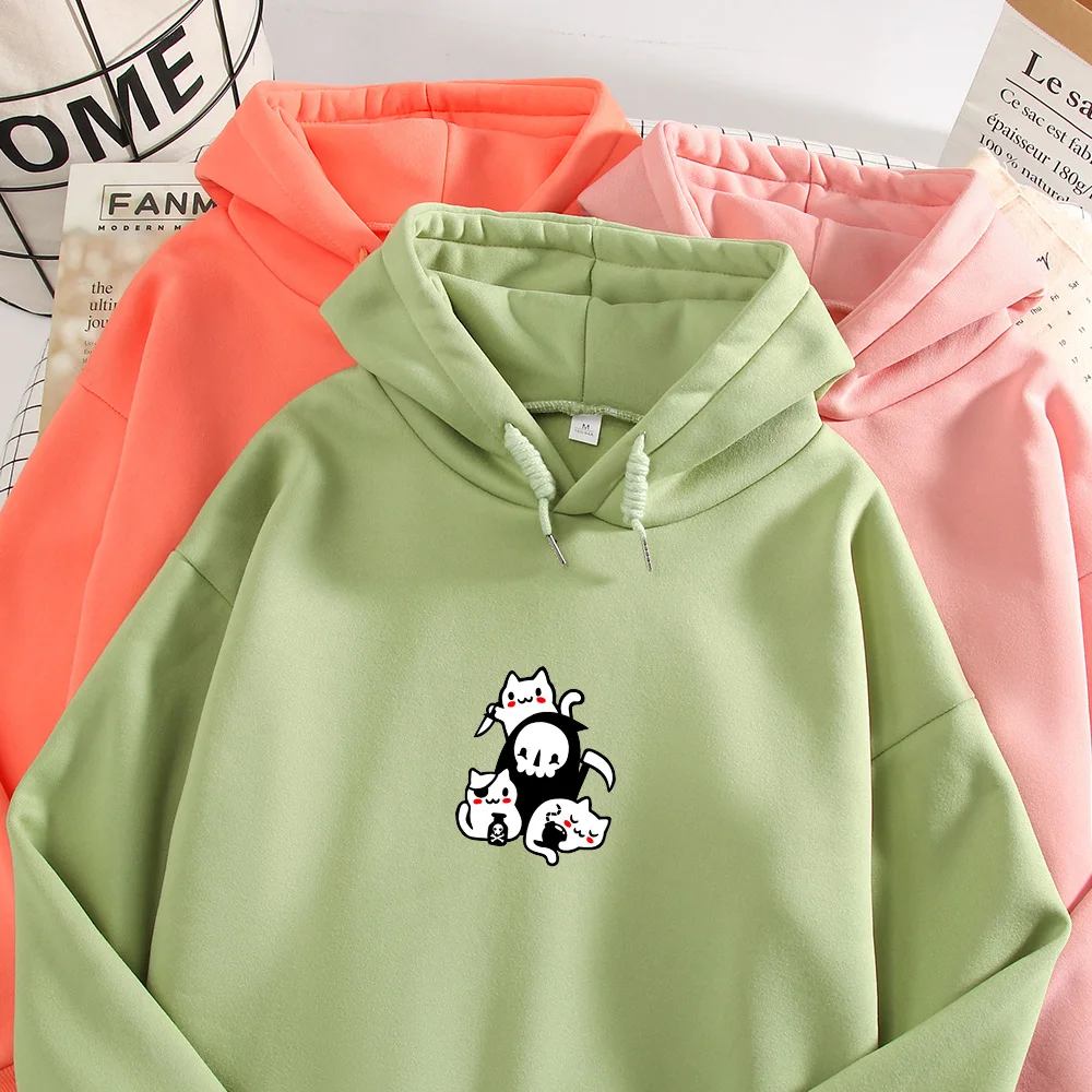 Cartoon Skull Print Sweatshirt Cat Winter Oversized Hoodie Purple Women Gothic Aesthetic Clothing Harajuku Sweetshirt for Girls