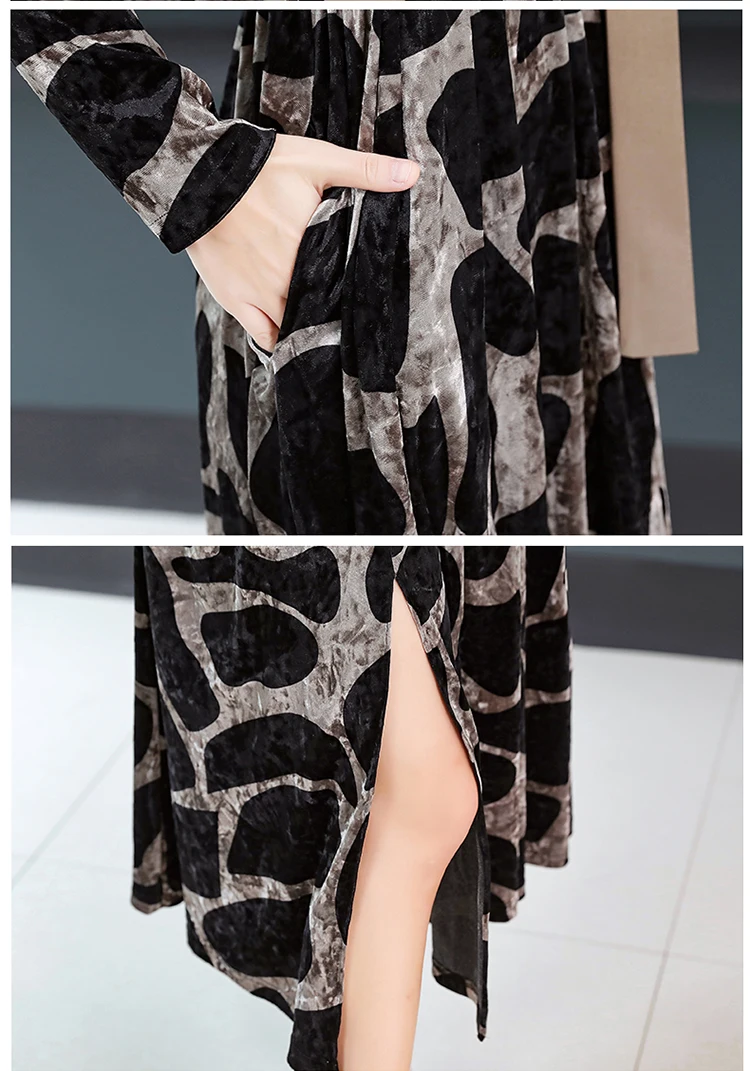 Женское бархатное платье с леопардовым принтом круглым вырезом | Женская одежда