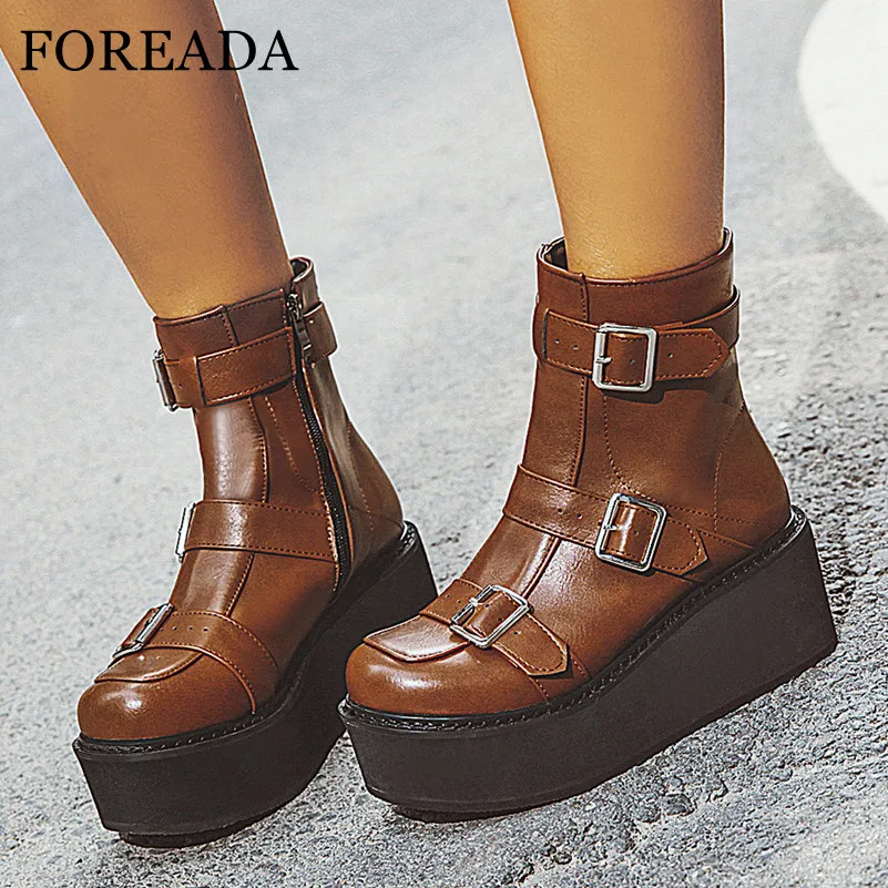 

FOREADA Zip High Heel Ankle Boots Woman Boots Platform Wedges Heel Shoes Buckle Ladies Short Boots Autumn Winter Black Size 46
