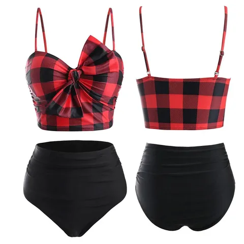 Women Bikinis Set Plaid High Waist Push Up Padded Bra Swimsuit Print Bowknot Sexy Two Piece Bathing Suits Swimming Women Tankini