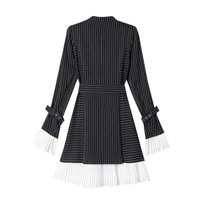 

VGH Casual Patchwork Striped Ruffle Blazer For Women Notched Flare Sleeve High Waist With Sashes Blazers Female Fashion New Tide