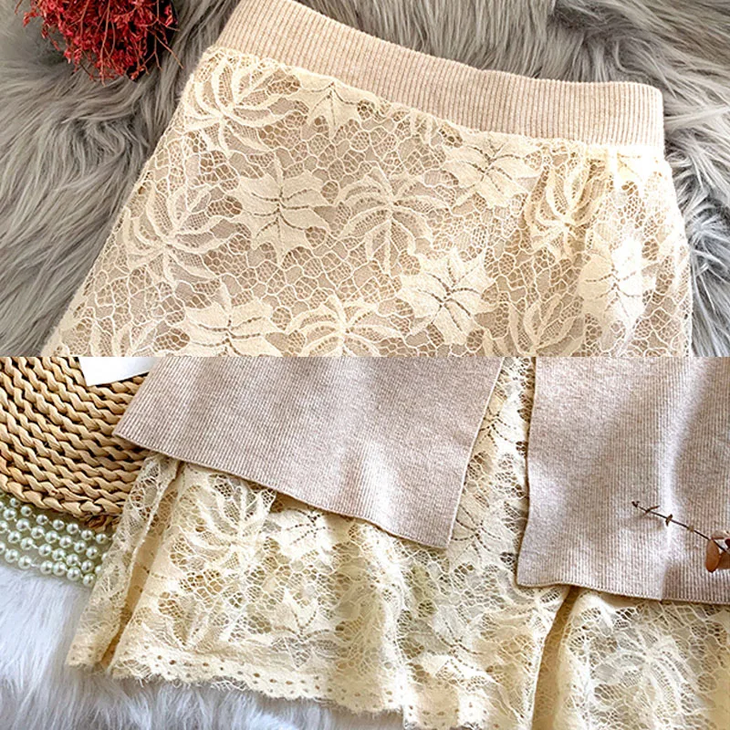 

2020 Women Autumn and Winter Skirts for Women Lace High-waisted Knitted Thickened Hollow Out Solid Casual Empire Korean 0881