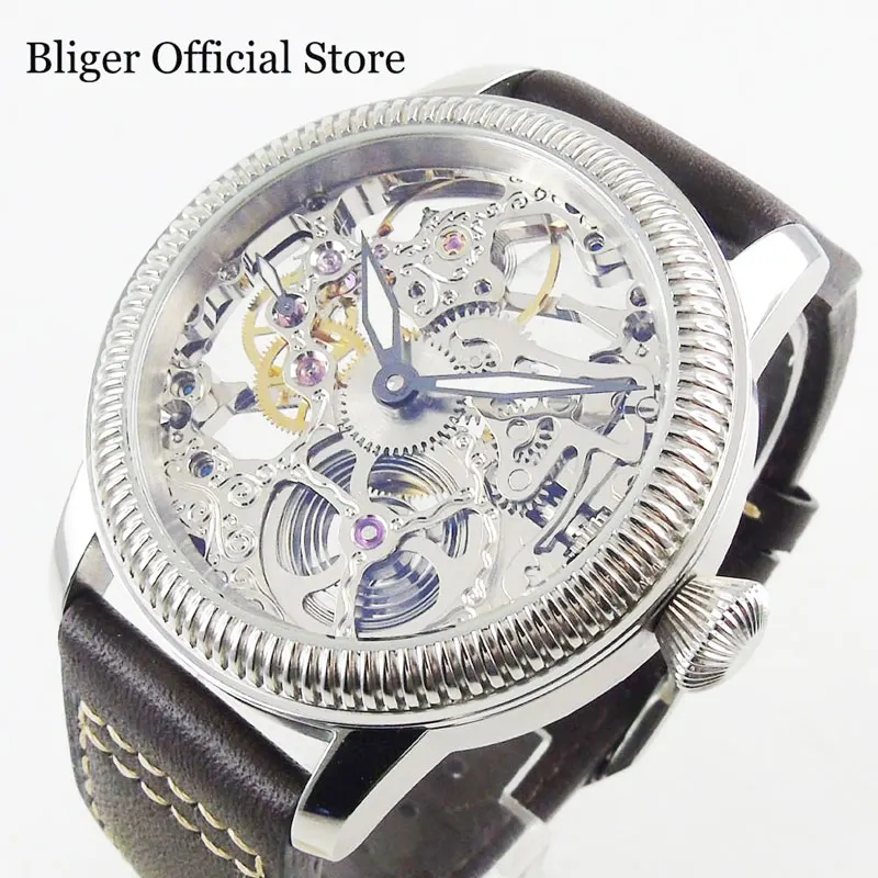 Часы мужские с полым циферблатом и кожаным ремешком 44 мм|Мужские механические