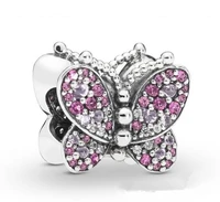 genuine 925 sterling silver bead dazzling pink butterfly charm beads fit pan women bracelet necklace diy jewelry