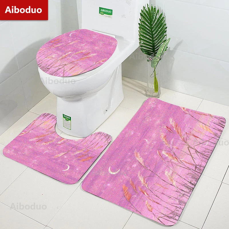 

Aiboduo 3pcs/set Toilet Lid Cover Set Non Slip 40*60cm Pink Girly Cute Restroom Rug Carpet Painting Warm Home Decoration BathMat