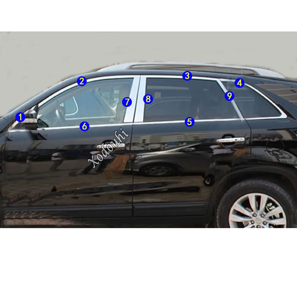 

For Kia Sorento L 2009 2010 2011 2012 Car Body Stainless Steel Glass Window Garnish Pillar Middle Strip Trim Frame Lamp Hood