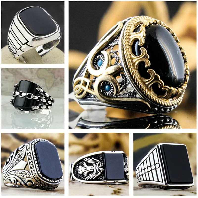 

Black Onyx Stone Retro Men's Ring Vintage Carved Flower Pattern Rings for Men Punk 2021 Trendy Wedding Party Jewelry Gift