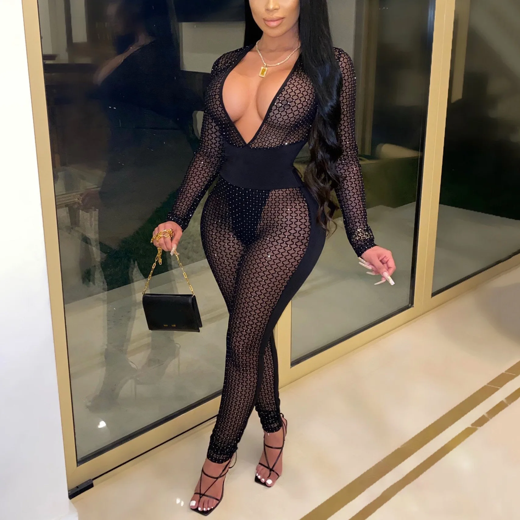 

Соблазнительные Черные сетчатые комбинезоны со стразами, Облегающий комбинезон с длинным рукавом, глубоким v-образным вырезом, высокой тал...