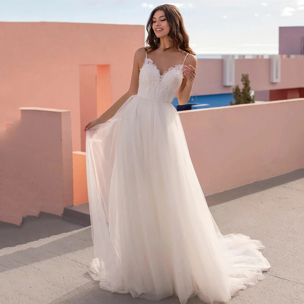 

Sexy Princess Beach Long Thin Spaghetti Straps Wedding Dresses Ivory Sweetheart Tulle Backless Lace Bridal Gown Vestido De Novia