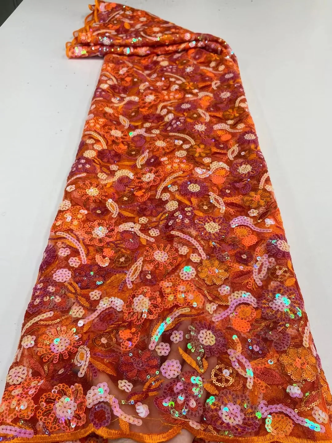 

(5yards/pc) Wonderful embroidered French net lace orange African sequins tulle lace fabric high quality for party dress FXZ093