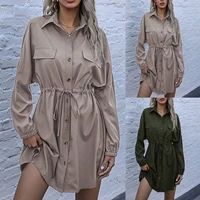 drawstring waist shirt dress women solid color long sleeve lapel work dress with pocket commuting casual women clothing 40