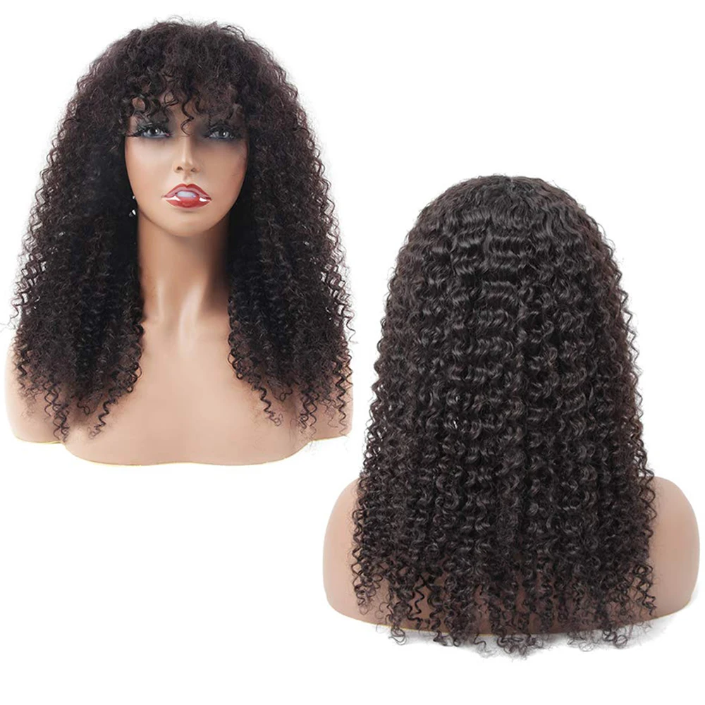 

8-30 Inches Kinky Curly Full Machine Made Human Hair Wigs With Abngs Natural Color Long Bralizian Remy Hair No Lace Fringe Wigs