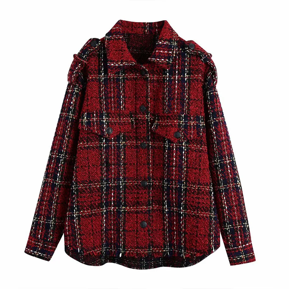 

Za Women 2021 New Fashion With Pocket Tweed Textures Jacket Coat Vintage Long Sleeve Button-up Female Outerwear Chic Overshirt