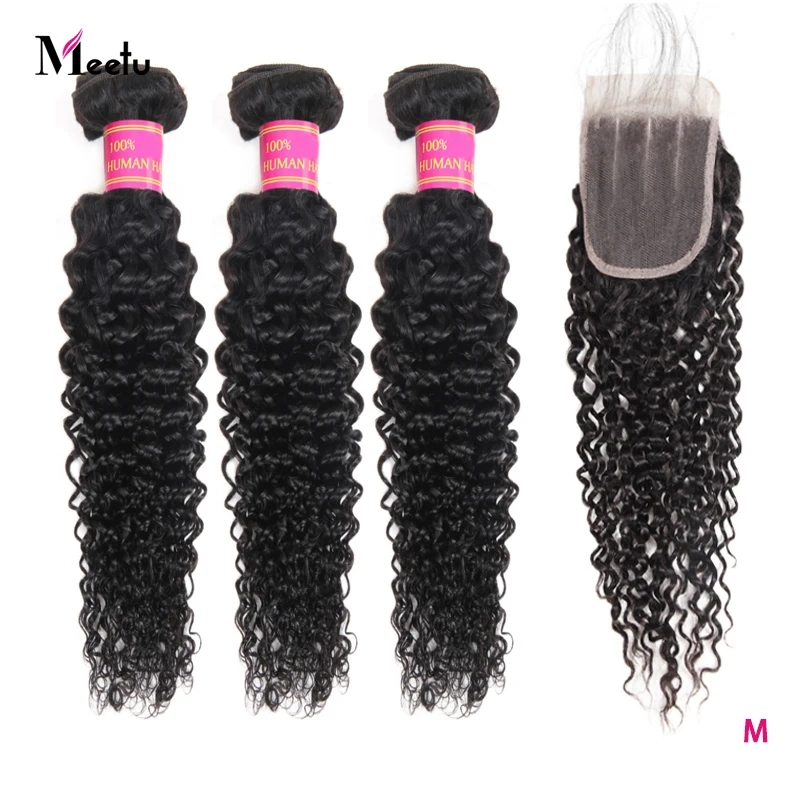 Meetu курчавые пучки с закрытием бразильские волос плетение не-Remy 3 шт человеческие
