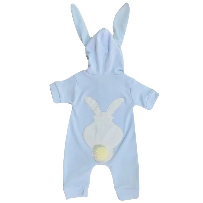 

Light Blue Eared Rabbit Pompon Short Sleeve Summer Baby Jumpsuit