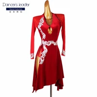 latin dance diamond long sleeved dress ladies rumbachia salsa dance costume ballroom performance dress red black