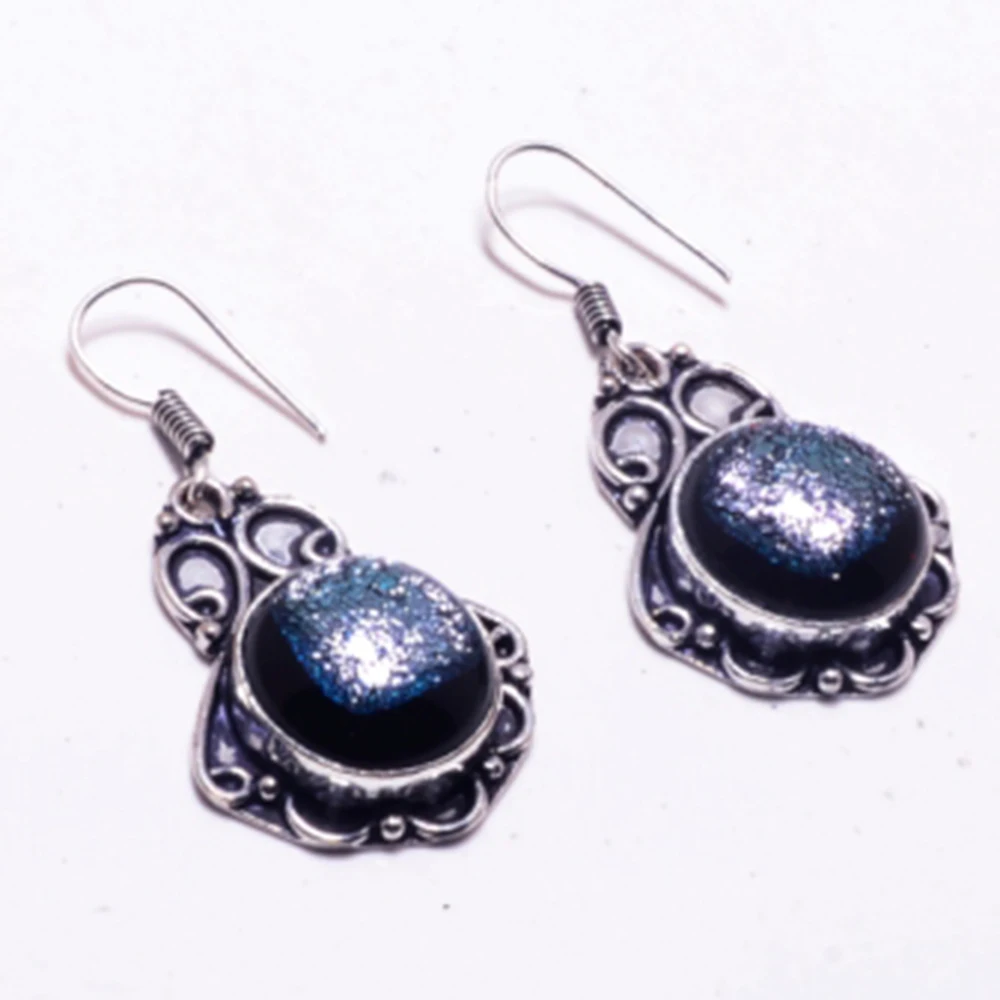 

Fancy Dichroic Glass Earrings Silver Overlay over Copper, Hand made Women Jewelry Gift , E5501