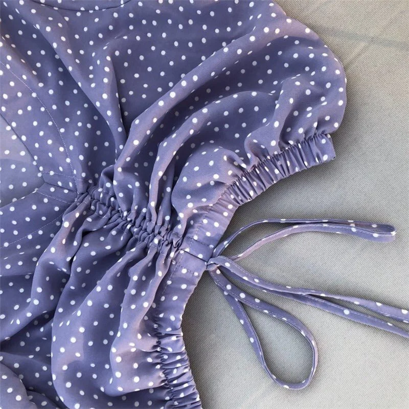 

Summer Fashion Women's Blouse Vintage Sweet Girl Polka Dot Deep V-neck Drawstring Puff Sleeve High Waist Short Top Female 9699