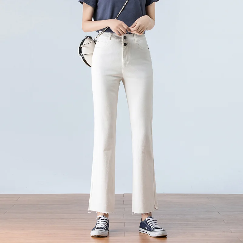 

Women's Slimming Fit Stretch Cropped Denim Jeans Straight Flat Capris Calf Length Skinny Elastic Jeans Tassels For Summer Korean