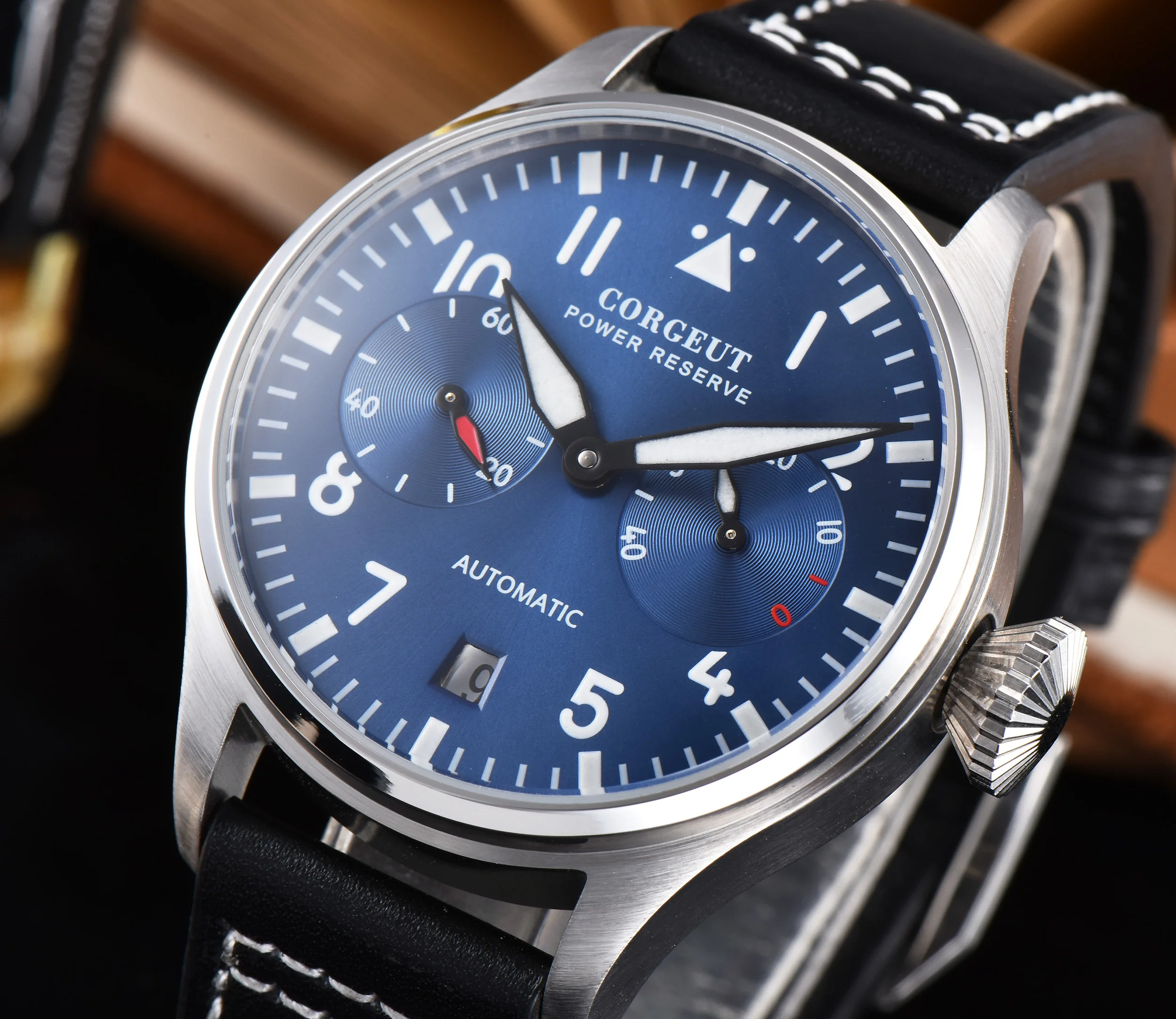 Corgeut42MM автоматические механические наручные часы мужские светящиеся Дата синий циферблат нержавеющая сталь настоящий пояс 316L нержавеющая сталь Водонепроницаемый
