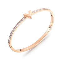 charm letter v zircon open bracelet bangles for women rose gold stainless steel cuff jewelry pulsera acero inoxidable mujer 2020