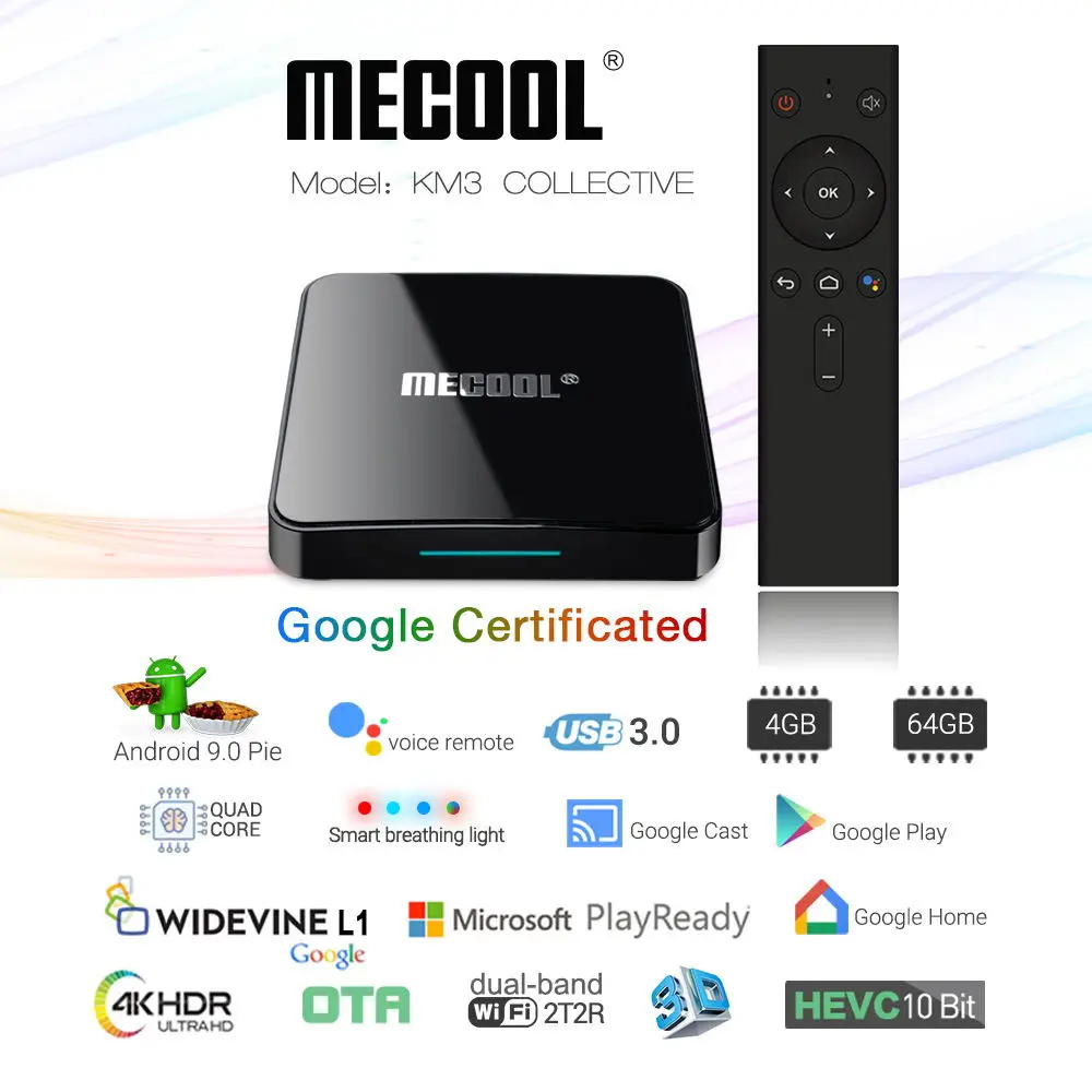 MECOOL KM3 Android 9,0 ТВ приставка 4G DDR4 64G rom Голосовое управление Смарт ТВ приставка Amlogic S905X2 2,4G 5G WiFi Bluetooth 4,1 медиаплеер