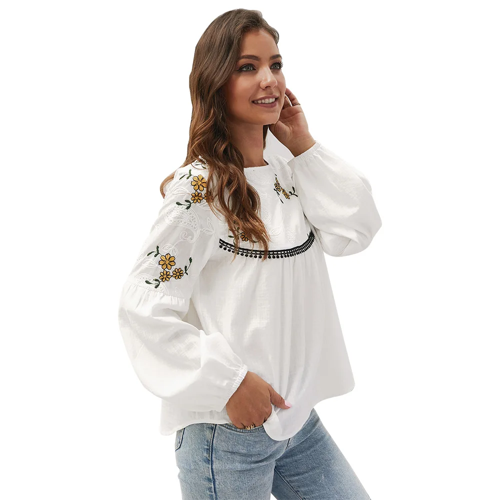 Женская блузка с круглым вырезом рубашки хлопчатобумажные Boho Стиль Цветочный