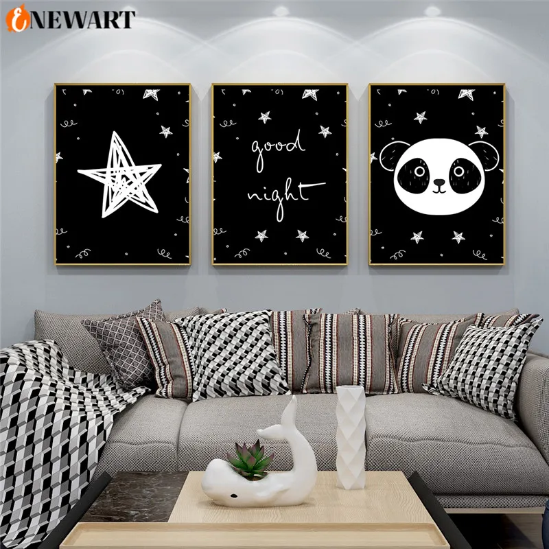 Черно белый детский холст Постер для спальни принт панда звезда настенная